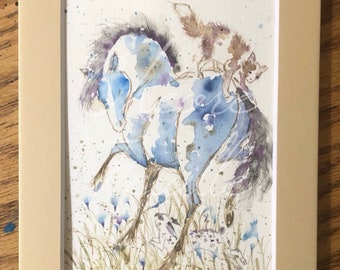 Horse Art: In the Flowers, On the Move. Original Ink Drawing. 4"x6" in a 5"x 7"  Mat. Paint Pony, Cat, Rabbit, Blue, Brown, Black, Purple