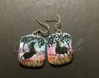 Horse Jewelry: Wild Horses in Silhouette. Black Ink Drawings on Polymer Clay Earrings. Trees. Blue, Purple, Yellow, Orange 5423