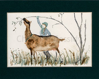 Alpine Dairy Goat Art Print: A Helping Hand for a Friend. Print of My Original Ink Drawing on Watercolor Paper. 4"x6" in 5"x 7" Mat