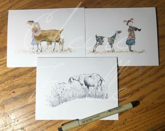 Goat NOTE CARDS: 6 Cards. Prints of My Ink Drawings of Dairy Goats on 4 1/4" x 5 1/2" Cards with Envelopes. Saanen Nubian Alpine