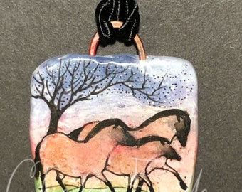 Horse Jewelry: The Wild Bay Ponies Pendant and Black Cord. Original India Ink Drawing on Polymer Clay. Copper Pale Green Blue Black 5201