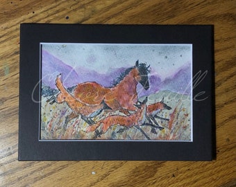 Horse Art: Romping with the Skulk of Foxes. Original Ink Drawing. 4"x6" in a 5"x 7"  Mat. Bay Pony, Mountains, Red, Copper, Purple, Gold