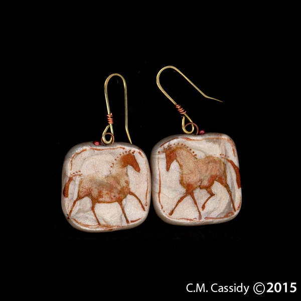 Horse Jewelry: Chestnut Horse Trots and Canters Earrings.Ink Drawing on Polymer Clay. White and Copper Red  3729
