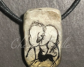 Horse Jewelry: Grey Pony and Black Dog. Original Ink Drawing on Polymer Clay Pendant. Dark Gold, White, Grey, Black 5397