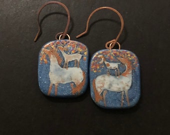 Horse Jewelry: The Roan Horses and Little Goats. Earrings. Original Ink Drawings on Polymer Clay. Copper, Denim Blue, Gold White 5347