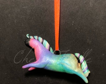 Flying Ponies : The Hot Pink to Violet to Green to Gold Pony Small Horse Polymer Clay Figurines, Sculptures. Tree Ornament