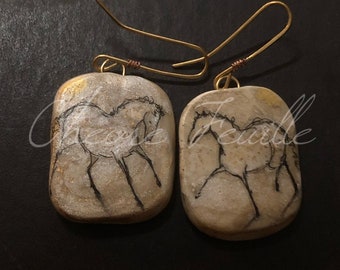 Horse Jewelry: Gold Leaf Appaloosas Original Ink Drawings on Polymer Clay Earrings with Brass Wires. White Gold Black 5421