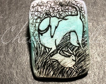 Dog Jewelry: Rabbit and Hound. Original India Ink Drawing on Polymer Clay Pin. Greyhound, Sighthound. Pale Blue, Lavender, White, Black 5361