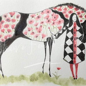 May include: A black and white horse with a red poppy pattern is being painted by a person wearing a black and white checkered dress with red accents. The person is holding a paintbrush in their right hand.