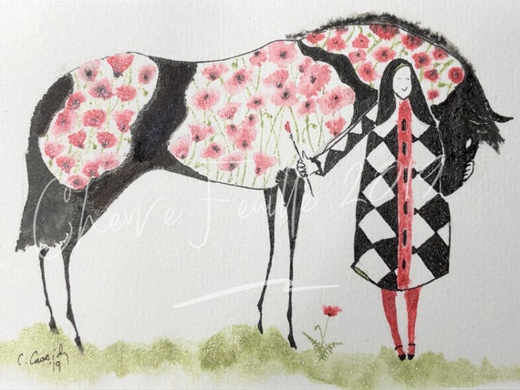Horse Art: She Paints Poppies, Only On Paints. PRINT of My Original Ink Drawing on Acid Free Paper. 4"x6" in a 5"x7" Mat. Red, Green, Black