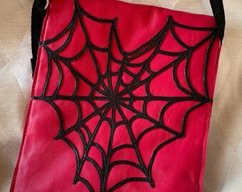 Pink leather purse, crossbody purse, leather pouch, spiderweb