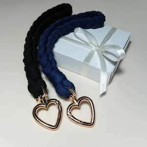 Galentine’s Day Wristlet Keychain, Black Braided Cotton Keychain with Gold Heart, wrist strap, Friendship Gift for Her, Small Handmade Gift