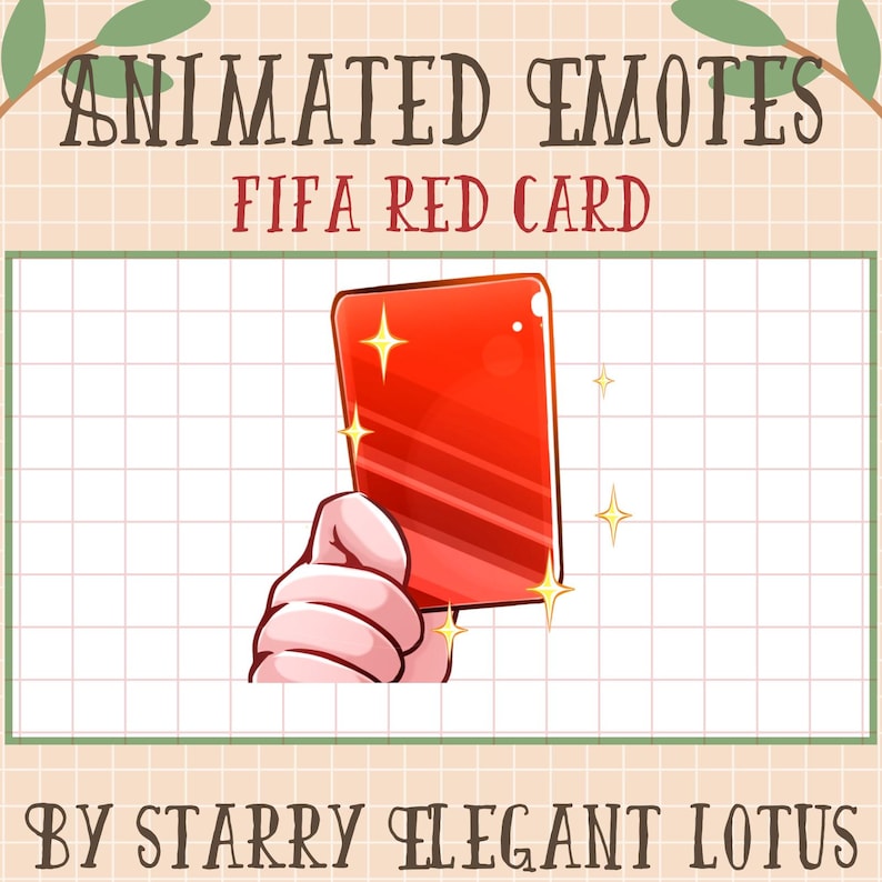 Op de afbeelding: Een cartoonhand houdt een rode kaart vast met een witte rand en witte lijnen. De kaart heeft een glinsterend effect eromheen. De tekst "FIFA RED CARD" staat boven de kaart.