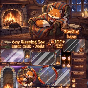 Könnte beinhalten: Ein digitales Stream-Paket mit einem schlafenden Fuchs in einer rustikalen Hütte mit Kamin, einer mehrfarbigen Strickdecke und verschiedenen Overlay-Elementen. Der Text umfasst Full Stream Package, Starting Soon, Cozy Sleeping Fox und 100+ Stream Assets.