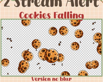 May include: Animated GIF of chocolate chip cookies falling against a transparent background. The text "2 Stream Alert Cookies Falling" is at the top of the image. The text "Version no blur" is at the bottom of the image. The text "By Starry Elegant Lotus" is at the bottom of the image.
