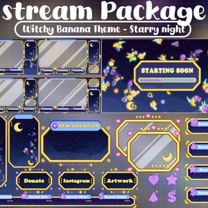 May include: A digital stream package with a starry night theme. The design includes various overlay elements such as chat boxes, donation alerts, and social media buttons. The color palette features blues, purples, and gold accents, with the text "Stream Package" at the top.