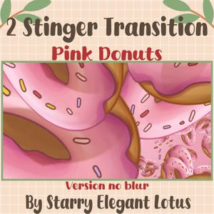 Könnte beinhalten: Digitales Kunstwerk mit rosa Donuts mit brauner Glasur und bunten Streuseln. Der Text "2 Stinger Transition Pink Donuts" steht oben, mit "Version no blur" und "By Starry Elegant Lotus" unten.