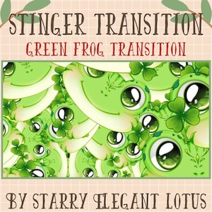 Könnte beinhalten: Digitalgrafik mit einem sich wiederholenden Muster aus lächelnden grünen Froschgesichtern mit großen Augen und Kleeblattdetails. Der Text "STINGER TRANSITION" und "GREEN FROG TRANSITION" befindet sich über den Fröschen, darunter "BY STARRY ELEGANT LOTUS".