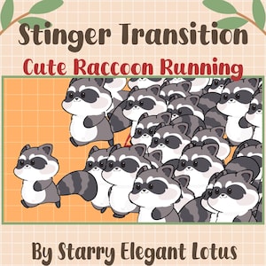 Może przedstawiać: Ilustracja przedstawiająca liczne kreskówkowe szopy pracze z szaro-białym futrem, czarnymi maskami i puszystymi ogonami. Tekst "Stinger Transition Cute Raccoon Running" znajduje się na górze, a "By Starry Elegant Lotus" na dole. Tło jest pomarańczowe.