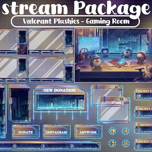 May include: A digital art stream package with a gaming room theme. The package includes various overlay elements such as donation alerts, recent follower notifications, and social media buttons. The text "stream Package" and "Valorant Plushies - Gaming Room" are displayed at the top.