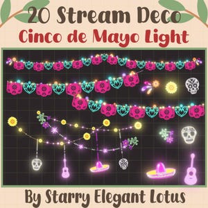 May include: Cinco de Mayo decorative string lights in pink, turquoise, and yellow. The image shows heart-shaped cutouts, flowers, guitars, sombreros, and skull designs. Text reads "20 Stream Deco Cinco de Mayo Light" and "By Starry Elegant Lotus."