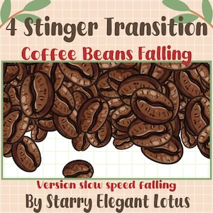 Peut inclure: Un graphique numérique montrant des grains de café bruns sur un fond quadrillé blanc. Le texte indique : 4 Stinger Transition, Coffee Beans Falling, Version slow speed falling, By Starry Elegant Lotus. Orné de feuilles vertes.