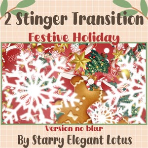 May include: Festive holiday-themed digital graphic with text that reads "2 Stinger Transition" and "Festive Holiday." The image features snowflakes, gingerbread men, candy canes, and Christmas trees on a red background. The text "Version no blur" and "By Starry Elegant Lotus" are also included.