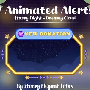 8 alertas animadas de transmisión de noche estrellada, elegante superposición celestial, notificaciones de Twitch de galaxia, espacio, nubes y planetas para OBS Streamlabs Vtuber