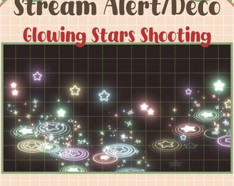 May include: A digital graphic with the text "Stream Alert/Deco Glowing Stars Shooting" and "By Starry Elegant Lotus." The image features glowing stars and star-shaped designs in various colors, set against a dark grid background.