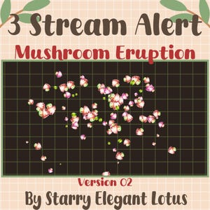 May include: A digital graphic with the text "3 Stream Alert" and "Mushroom Eruption." The image features a grid with scattered mushroom illustrations in pink, white, and green. The text "Version 02" and "By Starry Elegant Lotus" are also present.