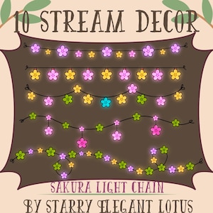 May include: Ten different designs of pink, yellow, green, and blue sakura light chains with a brown background. The text "Sakura Light Chain" and "By Starry Elegant Lotus" is at the bottom of the image.