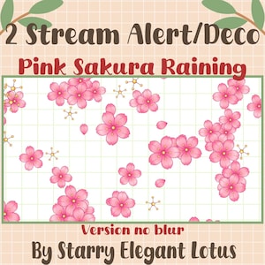 Op de afbeelding: Een digitale afbeelding met de tekst "2 Stream Alert/Deco Pink Sakura Raining" en "Version no blur By Starry Elegant Lotus". Het ontwerp toont roze sakura bloesems en bloemblaadjes verspreid op een raster achtergrond.