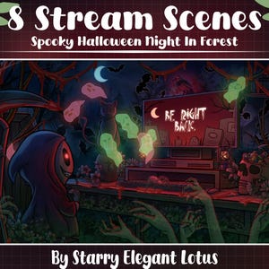May include: Digital artwork depicting a spooky Halloween forest scene with a grim reaper, a black cat, and glowing ghosts. The image includes a computer screen with the text "BE RIGHT BACK" and a skull. The artwork is dark with green and red accents.