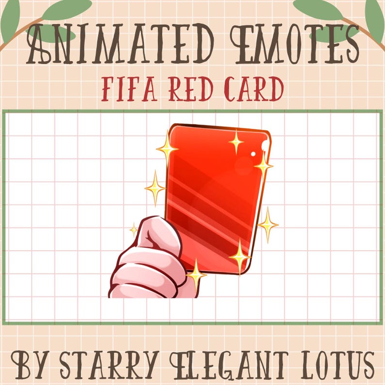 Op de afbeelding: Een cartoonhand houdt een rode kaart omhoog met glinsterende sterren eromheen. Op de kaart staat "FIFA Red Card" in witte tekst. Animated Emotes by Starry Elegant Lotus.