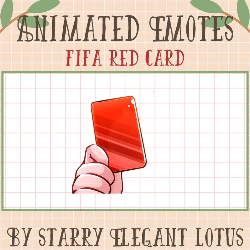 Op de afbeelding: Een cartoonhand houdt een rode kaart omhoog, met de tekst "FIFA RED CARD" erboven. De afbeelding maakt deel uit van een serie genaamd "Animated Emotes" van Starry Elegant Lotus.