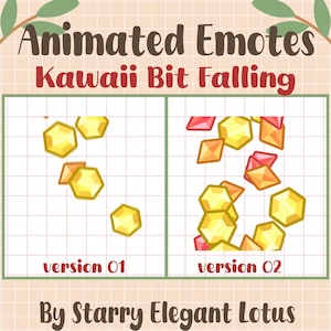 May include: Animated emotes featuring falling kawaii bits. Version 01 shows scattered yellow and orange gems, while version 02 displays a denser arrangement of yellow, orange, and pink gems. Text includes "Animated Emotes" and "Kawaii Bit Falling".