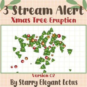Op de afbeelding: Een feestelijke afbeelding met de tekst "3 Stream Alert Xmas Tree Eruption". De afbeelding heeft een rasterachtergrond met groene kerstbomen, rode en gouden ballen en gouden sterren. De tekst "Version 02 By Starry Elegant Lotus" is ook opgenomen.