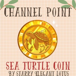 Peut inclure: Une pièce de monnaie dorée avec un motif de tortue de mer. Elle porte les inscriptions "CHANNEL POINT" et "SEA TURTLE COIN". L'arrière-plan est pêche avec un motif quadrillé. Un objet décoratif.