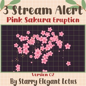 Op de afbeelding: Een digitale afbeelding met de tekst "3 Stream Alert" en "Pink Sakura Eruption". Het ontwerp bevat roze kersenbloesem illustraties op een donkere rasterachtergrond. De tekst "Version 02 By Starry Elegant Lotus" is ook opgenomen.