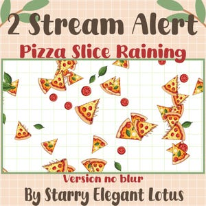 May include: A digital graphic with the text "2 Stream Alert" and "Pizza Slice Raining." The image features cartoon pizza slices, tomato slices, and green leaves scattered on a grid background. The text "Version no blur" and "By Starry Elegant Lotus" are also included.