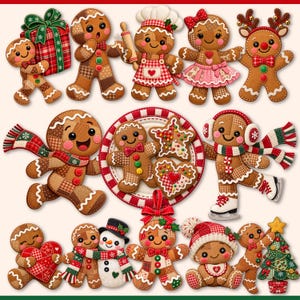 May include: A collection of gingerbread-themed ornaments featuring various characters, including gingerbread people, a snowman, and a reindeer, decorated with red, green, and white patterns, scarves, hats, and festive holiday accessories.