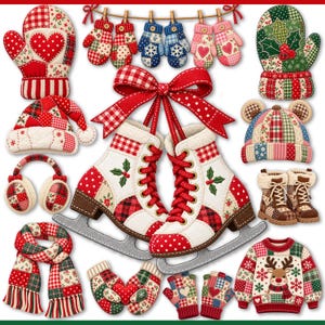 Può includere: Una collezione di articoli a tema invernale con motivi patchwork in rosso, verde e bianco. Include pattini da ghiaccio con un grande fiocco, muffole, una sciarpa, un maglione con una renna, cappelli, paraorecchie e guanti appesi a un filo.