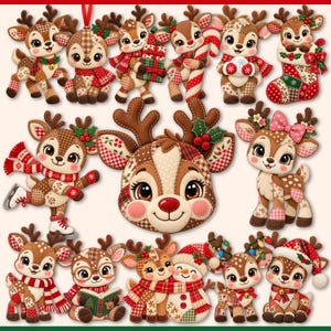 May include: A collection of twelve fabric-style reindeer illustrations featuring various holiday themes, including reindeer with scarves, gifts, candy canes, stockings, ice skates, books, and a snowman, all with stitched patchwork patterns.