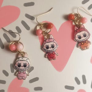 Labubu Dangle Earrings: Mischevious Elf with Red & Pink Beads