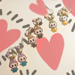 Labubu Dangle Earrings: Mischievous Elf, Green & Purple Beads