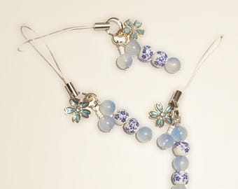 Blue Cherry Blossom Phone Charm with Porcelain Inspired Details and Lanyard
