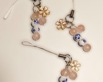 Pink Cherry Blossom Phone Charm with Porcelain Inspired Details and Lanyard