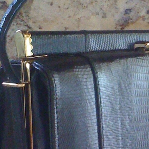 Beautiful Leather Handbag, Black Purse- 50s Kelly Bag, Black Evening Bag- Faux Lizard Skin Leather Purse