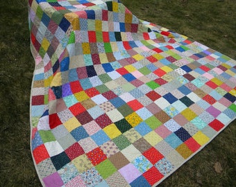 Homemade quilt, colorful patchwork farmhouse bedding, custom made cotton blanket 93 X 93 queen size covering, unique gift for housewarming