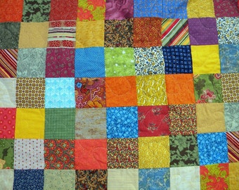 Patchwork quilt--lap size--Warm Earthtone --54 X 81, farmhouse quilt, scrappy, traditional, orange, red, green, vintage vibe